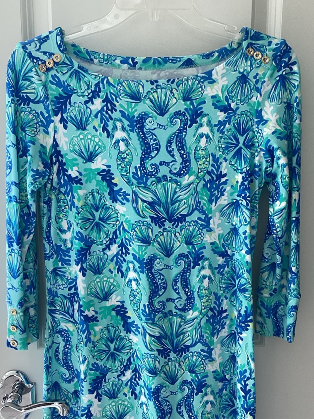 Lilly Pulitzer Aqua & Navy Mermaid-Print Boatneck Dress